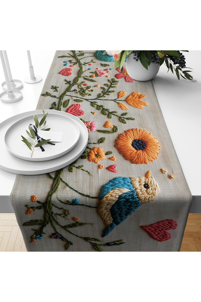 Filamente ديجيتال مطبوع رانر - مظهر التطريز نمط الزهور / الطيور - 140x40 سم