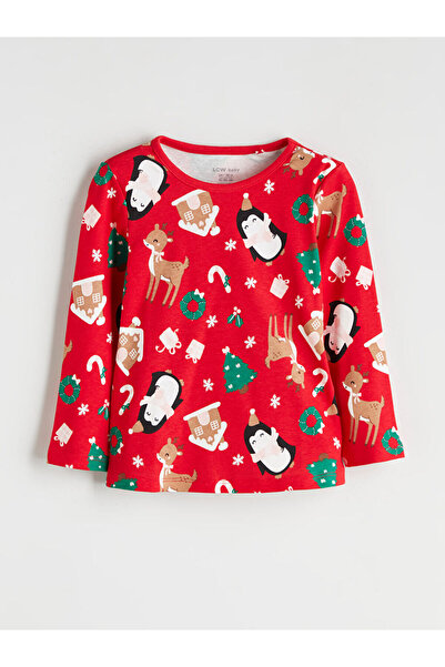 LC Waikiki Red Crew Neck Christmas Themed Baby Girl Pajama Set