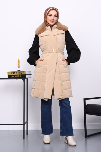 İmajButik Beige Collar Fur Long Inflatable Vest with Rubber Belt