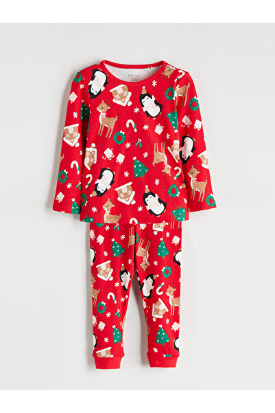 LC Waikiki Red Crew Neck Christmas Themed Baby Girl Pajama Set