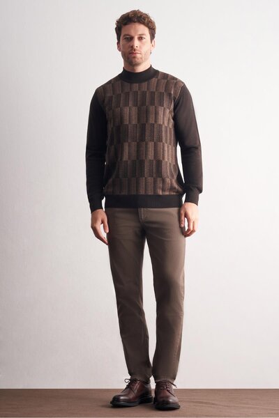 İmza Dark Brown Half Turtleneck Long Sleeve Pocketless Comfort Fit Cotton Knitwear Sweater 1012255212