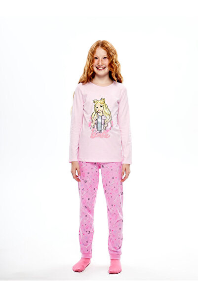 LC Waikiki Pink Crew Neck Printed Long Sleeve Girls Pajama Set
