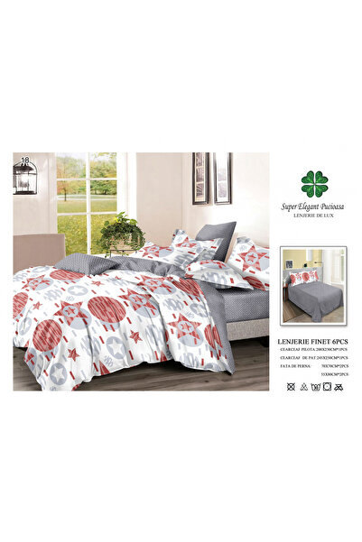FIONNA.RO Lenjerii De Pat Din Finet 6 Piese - Gri Stele Rosii