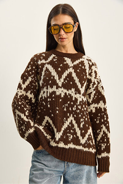 Bianco Lucci Women's Patterned Crew Neck Oversized Knitwear Sweater 60283826