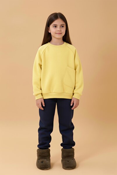 Perendi Girl's Comfortable Fit Pocket Detailed 2-Piece Sweatshirt with Fleece Inside – Yellow & Çağla