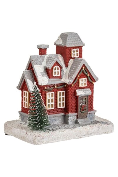 OEM Căsuță roșie cu scenă de Crăciun, brad și lumini LED, 10x7x11 cm, multico...
