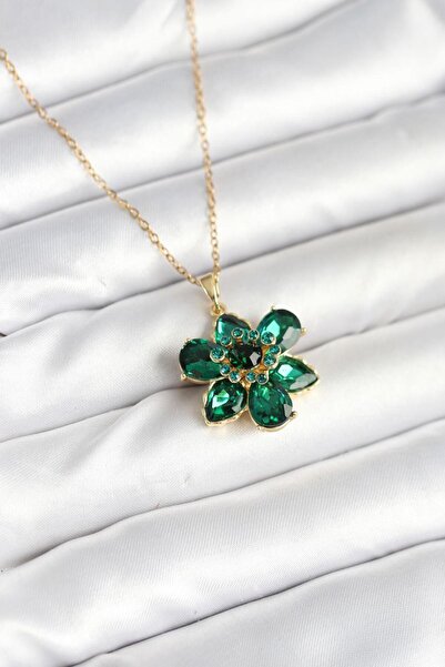 N!da Jewelry Steel Zircon Stone Green Idylia Flower Necklace