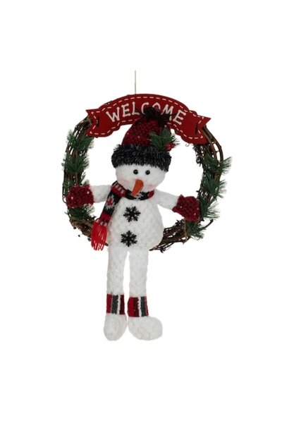 OEM Coroană decorativă de Crăciun, om de zăpadă, lemn, roșu, 33 cm