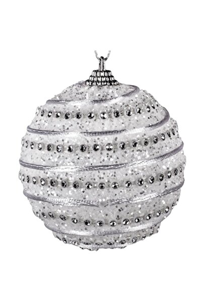 OEM Glob de Crăciun alb perlat cu dungă argintie, 8 cm (plastic)