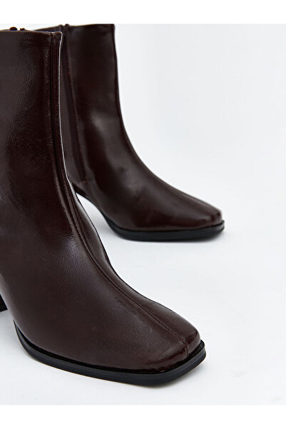 LC Waikiki Burgundy Leather-Look Women's Heeled Boots