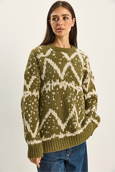 Bianco Lucci Women's Patterned Crew Neck Oversized Knitwear Sweater 60283826