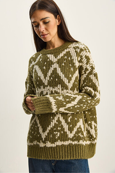 Bianco Lucci Women's Patterned Crew Neck Oversized Knitwear Sweater 60283826