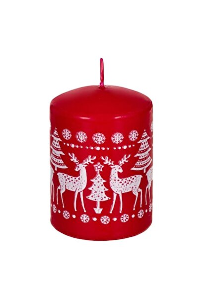 OEM Lumânare de Crăciun roșie și albă cu cerbi și fulgi de zăpadă Ø6x8 cm