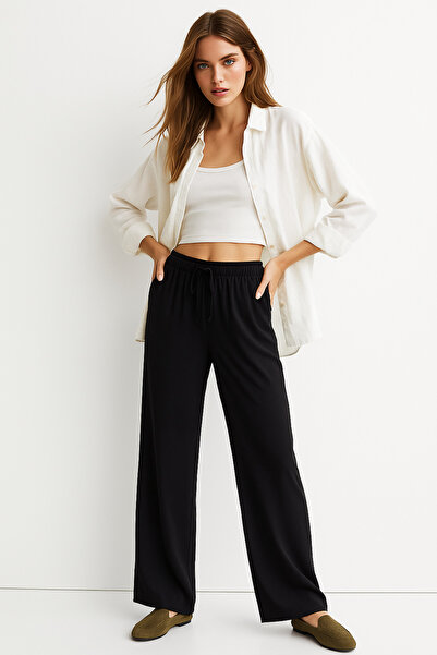 Rich Women's Black High Waist Elastic Wide Leg Trousers-Multicolour 44