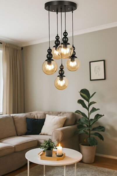 VENON Kardan Adam 5li SİYAH BAL GLOP TAVAN MONTAJLI Sarkıt Avize Salon Avizes...