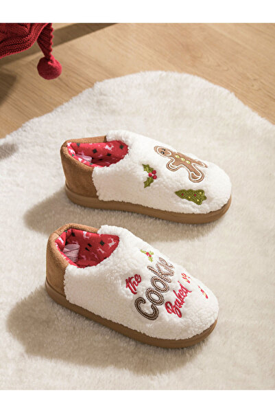 LC Waikiki Beyaz Yılbaşı Temalı Pelüş Kadın Panduf