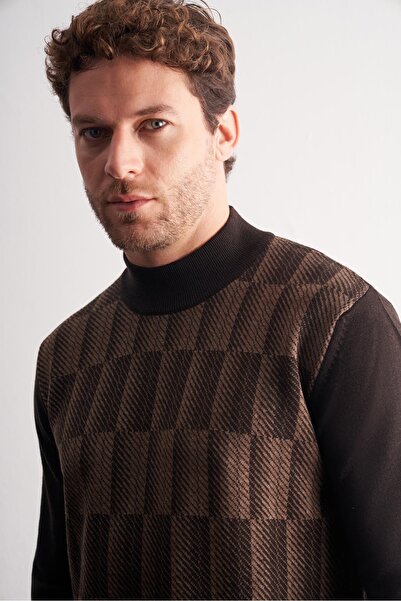 İmza Dark Brown Half Turtleneck Long Sleeve Pocketless Comfort Fit Cotton Knitwear Sweater 1012255212