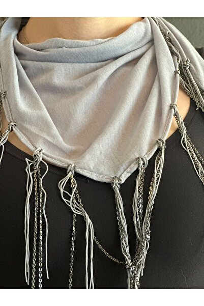 Gönülden Tasarım Gray Women's Scarf with Chain Tassles 150X35 cm