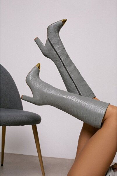 Vanilla Days Valerie Gray Snake Print Block Heel Boots with Gold Accents