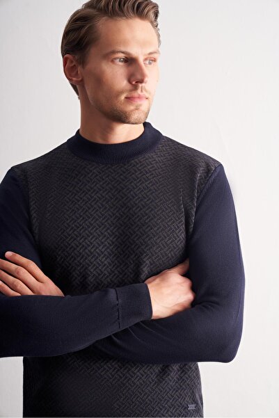 İmza Dark Navy Half Turtleneck Long Sleeve Pocketless Comfort Fit Cotton Knitwear Sweater 1012255222