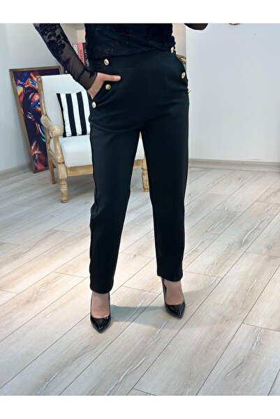MELTEM TUĞAN Front Button Detailed Crepe Fabric Trousers Black