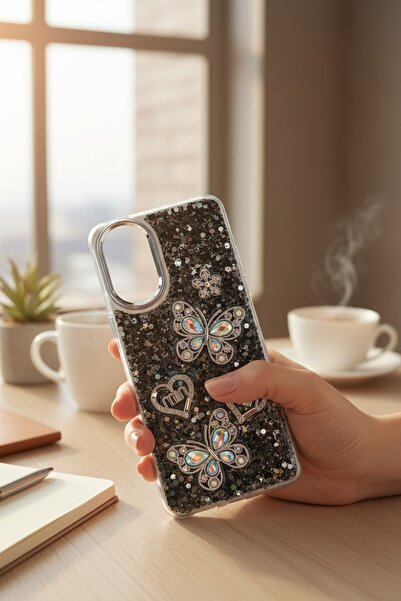 batuteknoloji Oppo A38 Airbag Tasarımlı Kelebek ve Kalp Kabartmalı Simli Taşl...