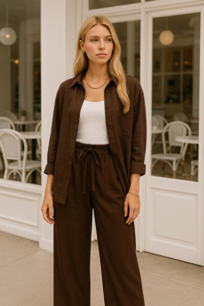 Rich Women's Brown High Waist Elastic Wide Leg Trousers-Multicolour 34