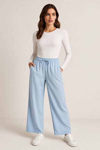 Rich Women's Blue High Waist Elastic Wide Leg Trousers-Multicolour 23