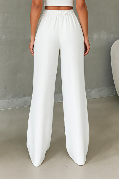 Timburly Kadın Yüksek Bel Pileli Kore Pantolonu Beyaz