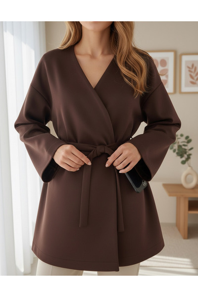 MissRunin Beli Kuşaklı V Yaka Scuba Kimono