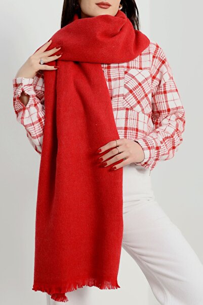 Verahed Warm Thick Winter Soft Textured Tassels Shoulder Shawl Long Puffy Plain Red Shawl Scarf 175X70Cm