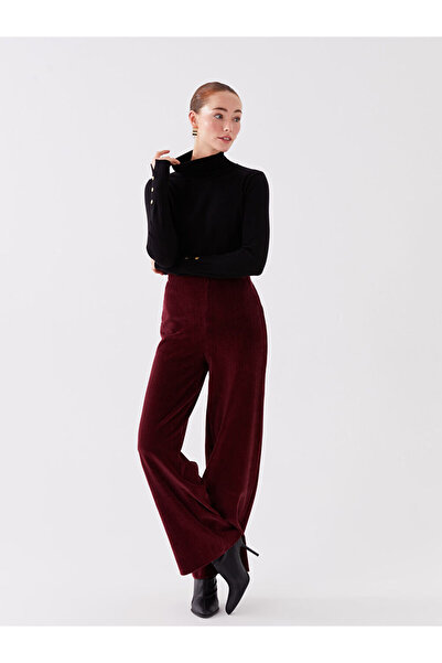 LC Waikiki Burgundy Standard Fit Wide Leg Velvet Women's Trousers