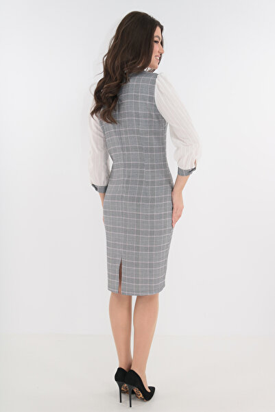 Vanessa Line RO Light gray office dress with fine pink checks