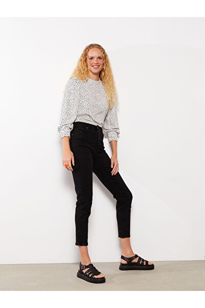 LC Waikiki Black High Waist Slim Mom Women's Jean Trousers with Pocket Detail