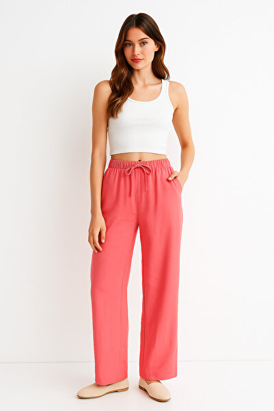 Rich Women's Pink High Waist Elastic Wide Leg Trousers-Multicolour 5