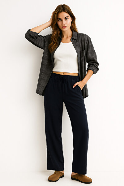 Rich Women's Navy Blue High Waist Elastic Wide Leg Trousers-Multicolour 18