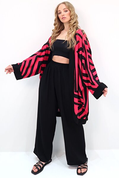 Trend Alaçatı Stili Red Black Women's Kimono and Palazzo Pants Set - Bat Sleeve, Double Pocket Alc-X13639