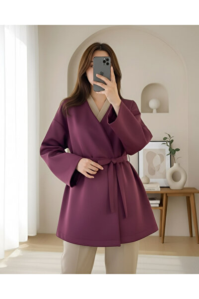 MissRunin Beli Kuşaklı V Yaka Scuba Kimono