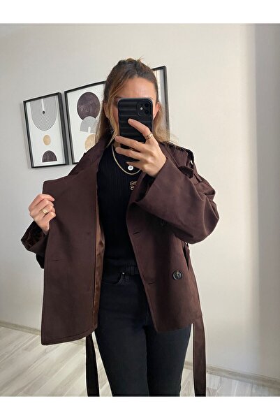 TB Butik Mock Neck and Jacket Collar Premium Suede Trench Coat Jacket