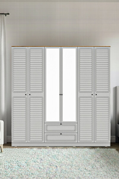 SARMOBİ Taiga 6 Kapaklı 2 Çekmeceli Gardırop/Dolap 206x210x52 cm Buz Gri – Co...