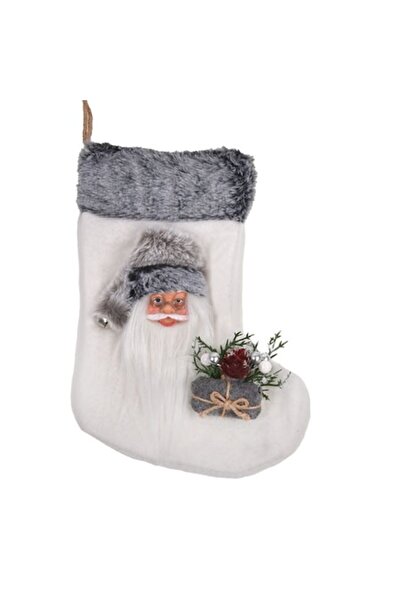 OEM Ghetuță decorativă de Crăciun, albă cu blană gri, model Moș Crăciun, 28 cm