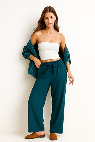 Rich Women's Petrol Blue High Waist Elastic Wide Leg Pants-01 OLGRUN 110-11 DUNKELGRAU 93