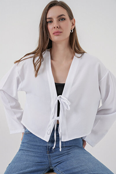 Bigdart Önü Bağlamalı Keten Kimono 960 - Beyaz