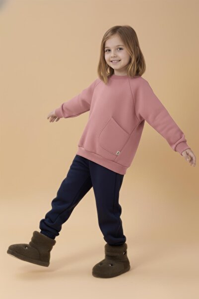 Perendi Girl's Comfortable Fit Pocket Detailed 2-Piece Sweatshirt with Fleece Inside – Green & Pink