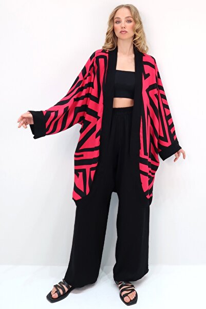 Trend Alaçatı Stili Red Black Women's Kimono and Palazzo Pants Set - Bat Sleeve, Double Pocket Alc-X13639