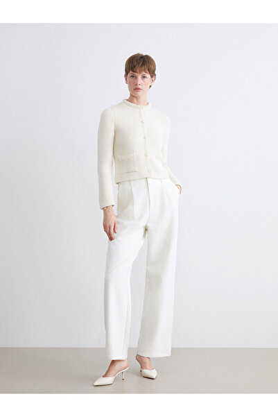 LC Waikiki Ecru Crew Neck Pearl Embroidered Women's Knitwear Cardigan