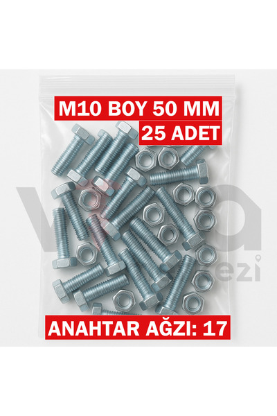 vida merkezi yapıları birleştiren güç M10x50 Altı Köşe Cıvata + Somun Takımı – Çinko Kaplı – 25 Adet Takım
