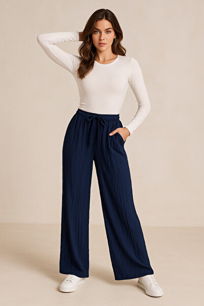 Rich Women's Navy Blue High Waist Elastic Wide Leg Trousers-Multicolour 14
