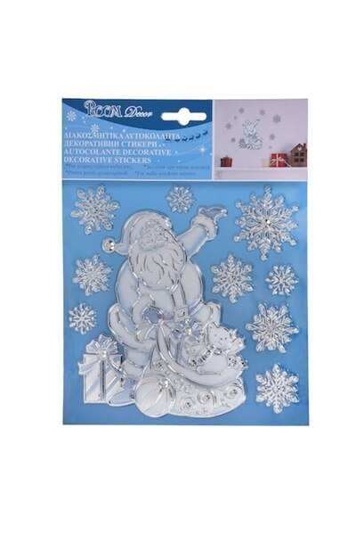 OEM Christmas Decorative Stickers - Santa Claus with Gift Sack & Silver Snowflakes, 18x23cm
