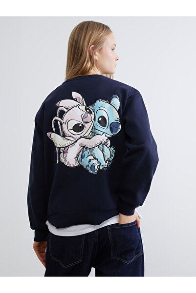 LC Waikiki Lacivert Lilo & Stitch Baskılı Kadın Kalın Sweatshirt